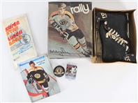 1960s-90s Boston Bruins Pittsburgh Steelers Memorabilia Collection - Lot of 5 w/ Bobby Orr Rally Skates, Bobby Orr Signed Puck, MIB Steelers Super Star Lunch Bags & More (*JSA*)