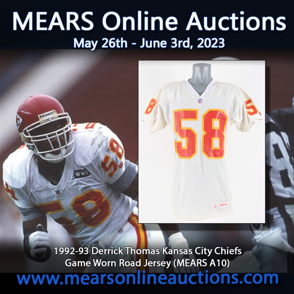 1992-93 Two Season Derrick Thomas Kansas City Chiefs Game Worn Road Jersey (MEARS A10) "Pounded with Heavy Wear"