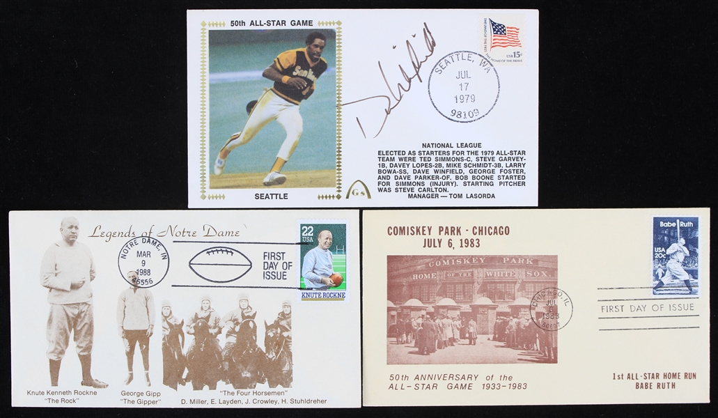 1979-88 First Day of Issue Envelope Collection - Lot of 3 w/ Dave Winfield Signed All Star Game, Comiskey Park All Star Game & Legends of Notre Dame (JSA)