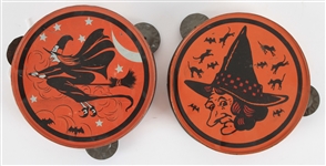 1950s Witch Halloween Tin Tambourines - Lot of 2