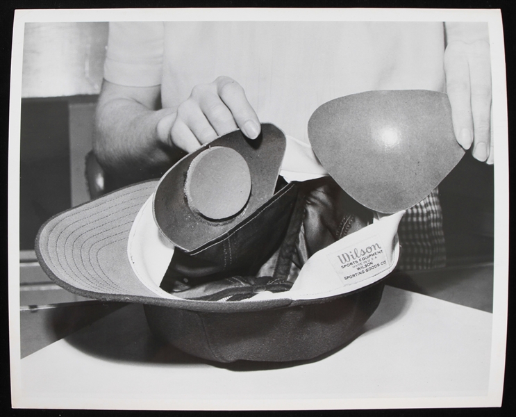 1940s-1960s 8x10 Black and White Early Baseball Protective Helmet Photo
