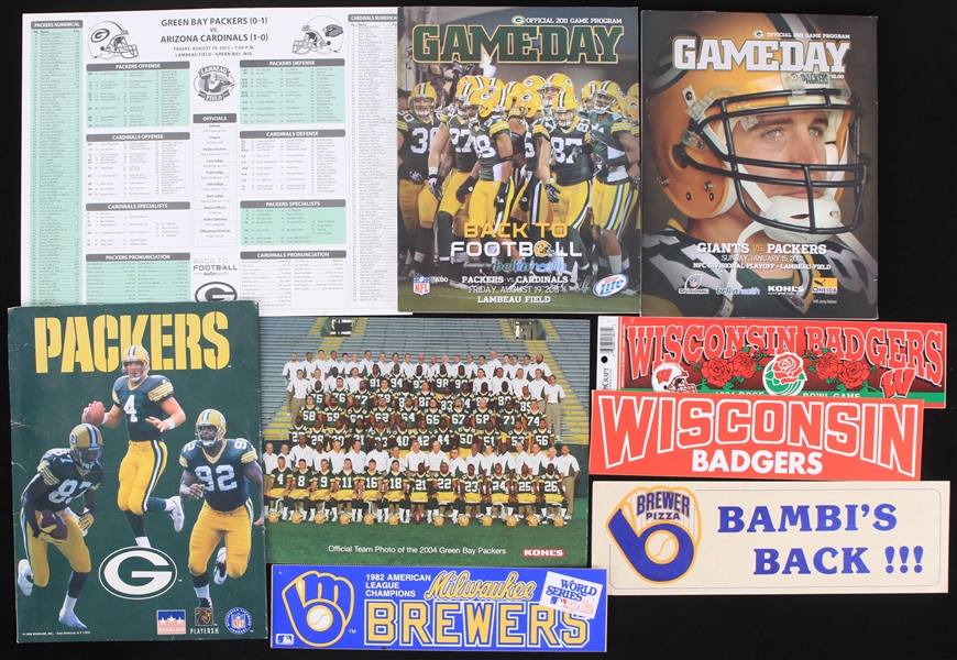 1980s-2000s Green Bay Packers Wisconsin Badgers Milwaukee Brewers Memorabilia - Lot of 8 w/ Bumper Stickers, Publications & More