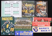 1980s-2000s Green Bay Packers Wisconsin Badgers Milwaukee Brewers Memorabilia - Lot of 8 w/ Bumper Stickers, Publications & More