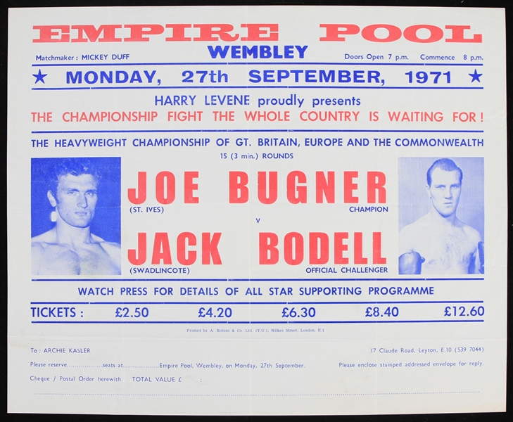 1971 Joe Bugner vs. Jack Bodell at Wembly Flyer with Ticket Prices 