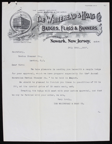 1897 Letter To Newton Steamer Co. from Whitehead and Hoag Co.