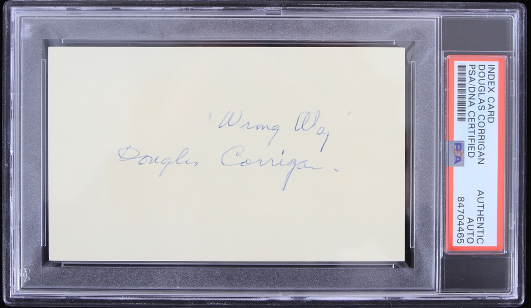 1980s Douglas "Wrong Way" Corrigan American Aviator Signed Index Card (PSA Slabbed Authentic)