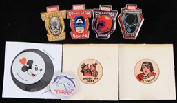 1940s-2000s Americana Pinback Button Collection - Lot of 8 w/ Flipper, Mickey Mouse, Prince Valiant, Marvel Collector Corps & More