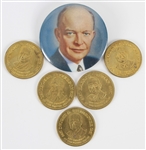 1940s-1990s Dwight Eisnehower 2" Pinback Button and Shell Oil Collectible Coins (Lot of 6)