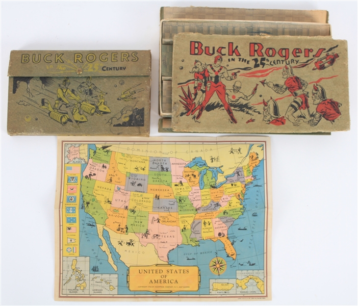 1930s Buck Rogers In The 25th Century American Lead Pencil Co. Case Collection - Lot of 2 w/ 8 Vintage Crayons and 10" x 13" Hagstrom Map of the United States
