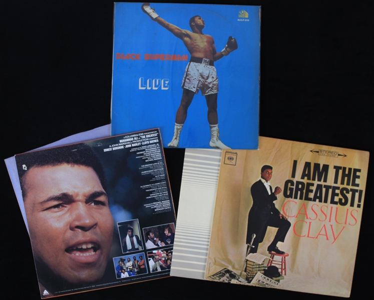 1963-77 Muhmmad Ali World Heavyweight Champion Record Album Collection - Lot of 3 w/ Black Superman Live, I Am The Greatest & The Greatest Soundtrack (Troy Kinunen Collection)