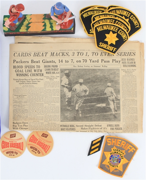 1930s-90s Baseball Football Americana Collection - Lot of 22 w/ Chicago Cubs Polo, Green Bay Packers Newspaper Section, Milwaukee County Sheriff Patches & More