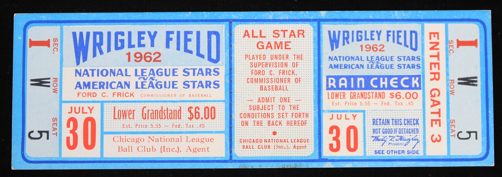 1962 Chicago Cubs Wrigley Field All Star Game Full Ticket