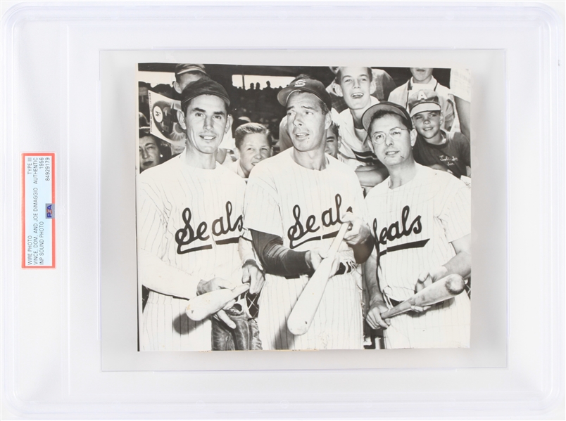 1956 Joe Vince Dom DiMaggio San Francisco Seals PCL Old Timers 6.75" x 7.75" Photo (PSA Type III Authentic)