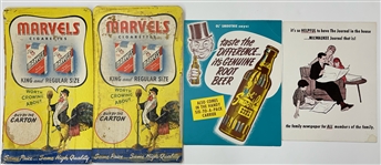 1950s-60s Vintage Broadside Advertising Sign Collection - Lot of 4 w/ Marvels Cigarettes, Ol Smoothie Root Beer, and Milwaukee Journal