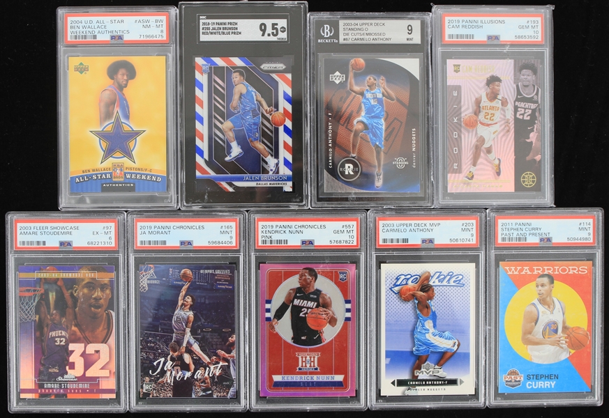 2003-19 Slabbed Baketball Trading Card Collection - Lot of 9 w/ Stephen Curry, Ja Morant, Carmelo Anthony, Jalen Brunson & More