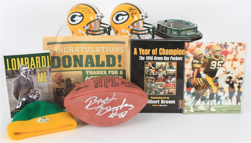 1990s-2000s Green Bay Packers Memorabilia - Lot of 9 w/ Signed Items, MIB Danbury Mint Lambeau Field Replica, Vintage Knit Cap & More (JSA)