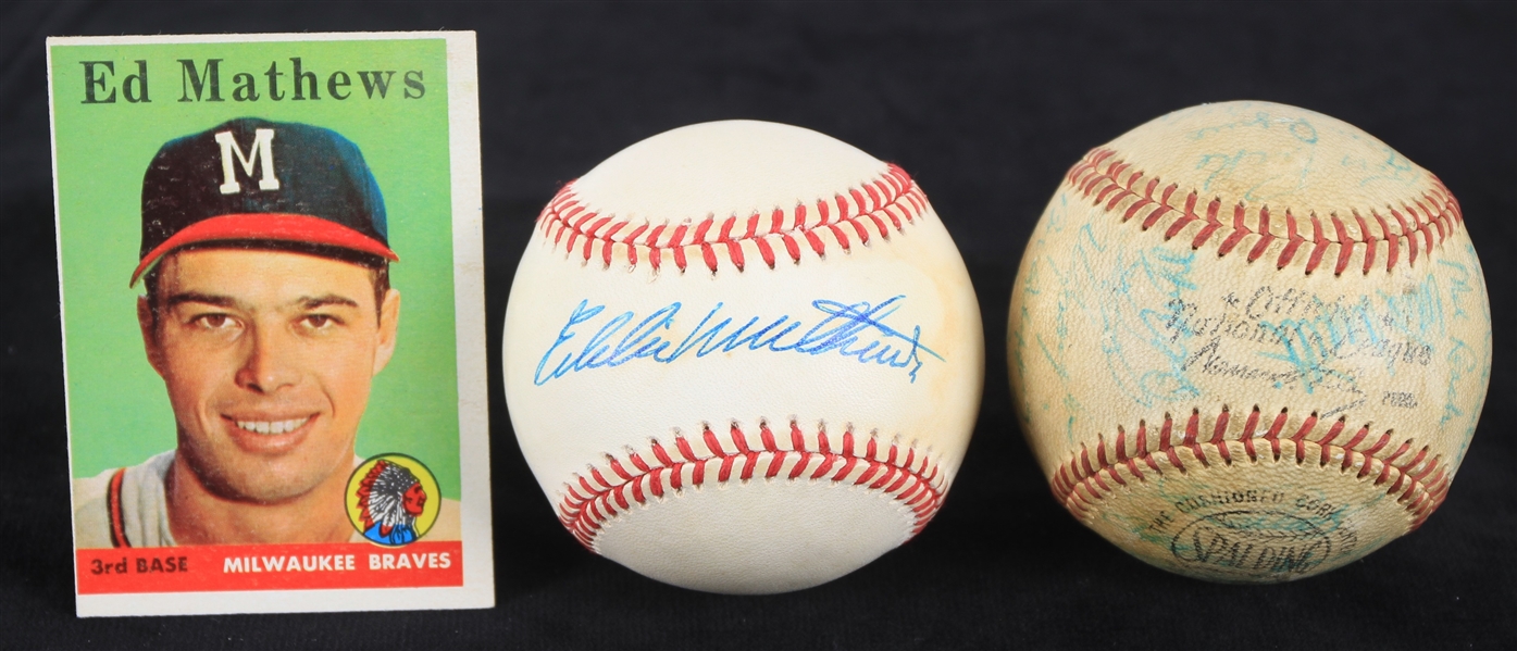 1950s-90s Eddie Mathews Milwaukee Braves Memorabilia Trading Card, Signed Baseball & Braves Team Signed Baseball (JSA)