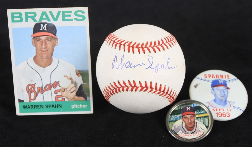 1960s-90s Warren Spahn Milwaukee Braves Memorabilia - Lot of 4 w/ Pinback Button, 1964 Topps Trading Card, 1964 Topps Coin & Signed ONL White Baseball (JSA) 