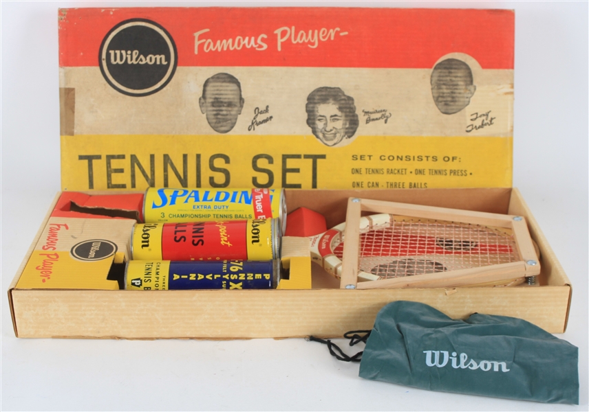 1960s Jack Kramer MIB Wilson Famous Player Tennis Racket Set w/ Three Cans of Unopened Tennis Balls & More