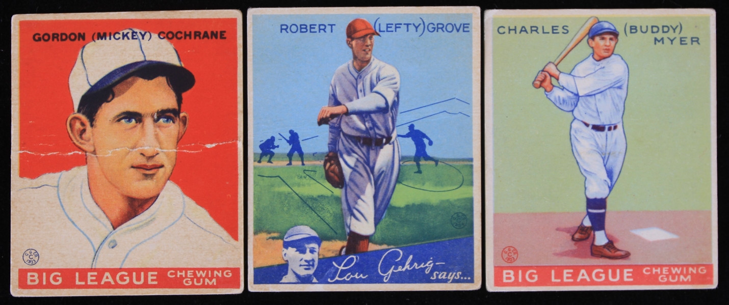 1933-1934 Mickey Cochrane Buddy Myer and Lefty Grove Goudey Gum Baseball Trading Cards (Lot of 3)