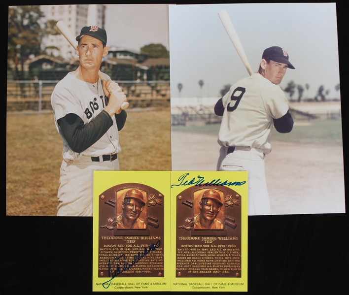 1939-1960 Ted Williams (d.2002) Boston Red Sox Signed 4"x6" HOF Plaque Cards and 8"x10" Color Photos (Lot of 4) (JSA)