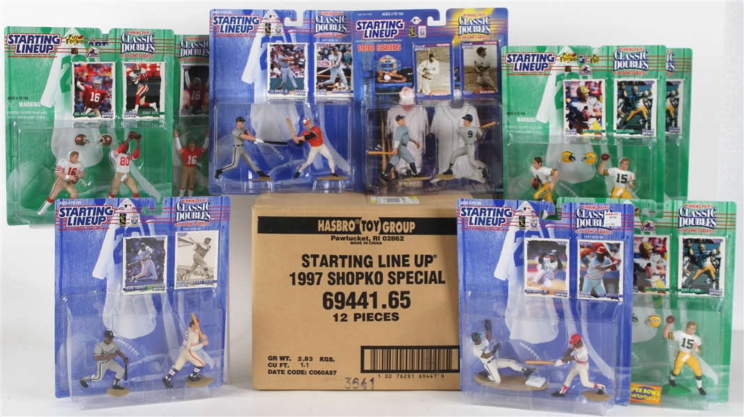 1997-98 Baseball Football MOC Staring Lineup Classic Doubles Figures - Lot of 10 w/ Bart Starr/Brett Favre, Babe Ruth/Roger Maris, Ken Griffey Jr./Sr. & More