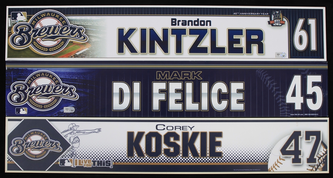 2006-11 Milwaukee Brewers Locker Room Name Plates - Lot of 3 w/ Corey Koskie, Brandon Kintzler & Mark Di Felice (MEARS LOA/MLB Hologram)