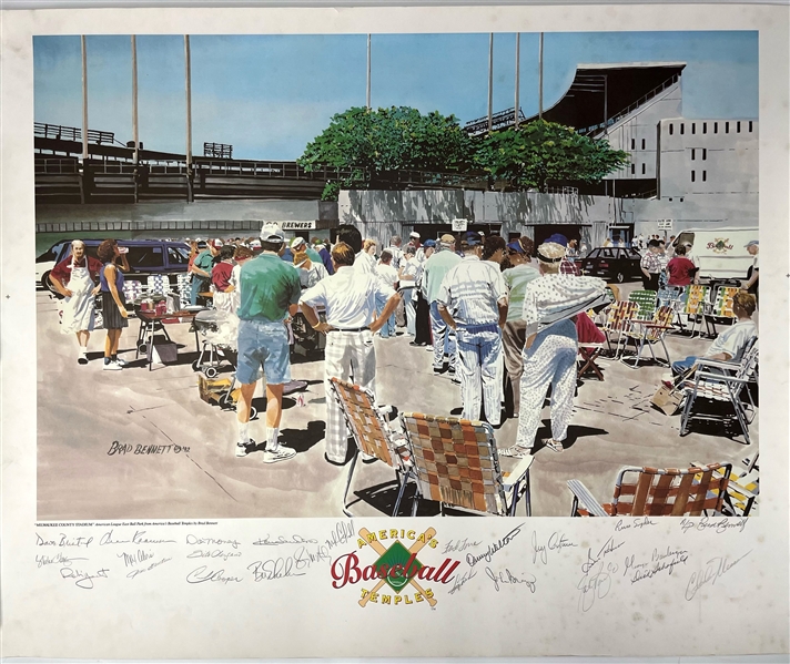 1992 Milwaukee Brewers Multi Signed 28" x 35" Milwaukee County Stadium Americas Baseball Temples Lithograph w/ 25 Signatures Including Robin Yount, Cecil Cooper & More (JSA) Danny Walton Collection