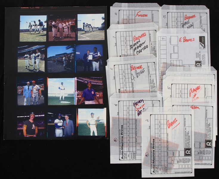 1970s Hank Aaron Atlanta Braves Rollie Fingers Oakland Athletics Photo Negatives and 8"x10" Colored Photo (Lot of 13)