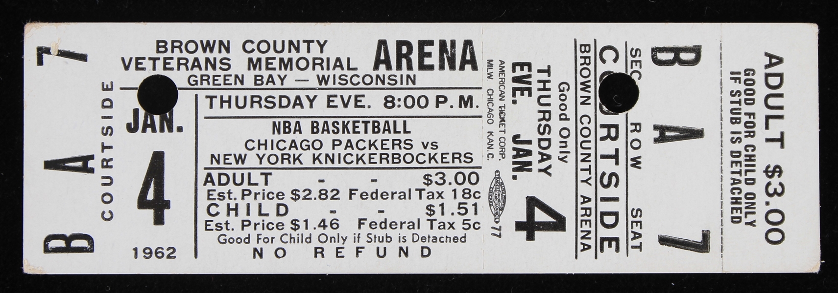 1962 Chicago Packers vs New York Knickerbockers at Brown County Arena Full Ticket