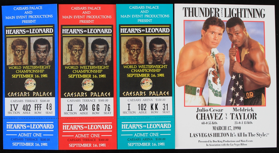 1981-1990 Hearns vs Leonard Full Tickets and 1990 Chavez vs Taylor Postcard (Lot of 4)