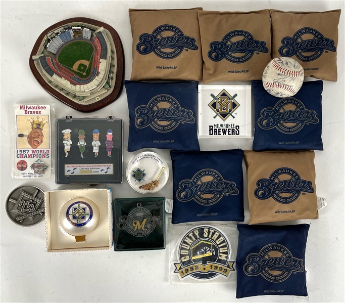 1990s-2000s Milwaukee Brewers Memorabilia Collection - Lot of 18 w/ Sausage Race Pin Set, County Stadium Replica, Commemorative Items, Bean Bags & More