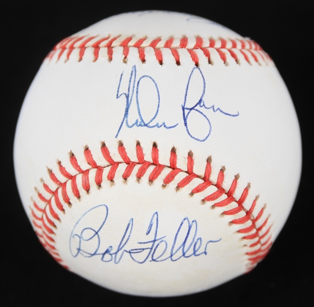1990-92 Sandy Koufax Bob Feller Nolan Ryan No Hit Kings Multi Signed OAL Brown Baseball (JSA)