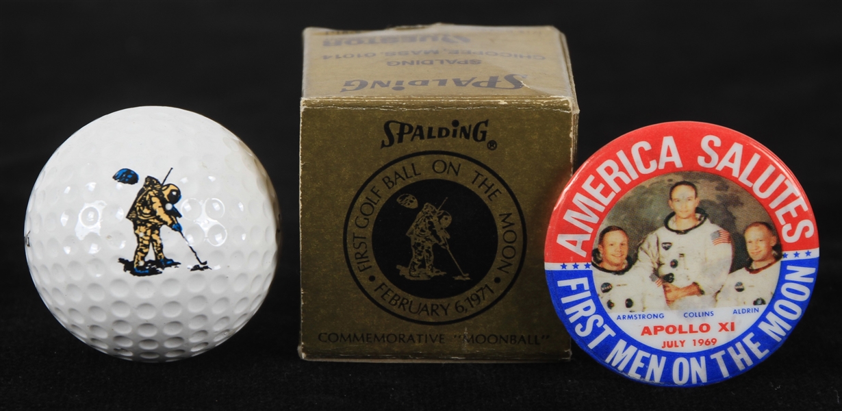 1971 Apollo XI First Men On The Moon Memorabilia - Lot of 2 w/ Spalding Golf Ball & America Salutes Pinback Button