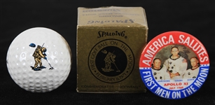 1971 Apollo XI First Men On The Moon Memorabilia - Lot of 2 w/ Spalding Golf Ball & America Salutes Pinback Button