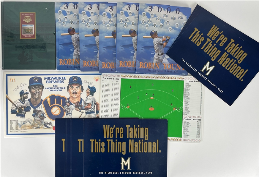 1980s-90s Milwaukee Brewers Memorabilia Collection - Lot of 26 w/ Robin Yount 3,000 Hits Hardcover Books, Were Taking This Thing National Placards & More