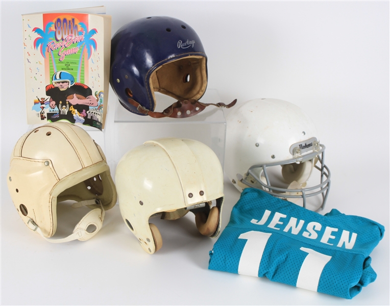 1950s-90s Football Memorabilia Collection - Lot of 6 w/ Vintage Helmets, Jim Jensen Jersey & 1994 Rose Bowl Program