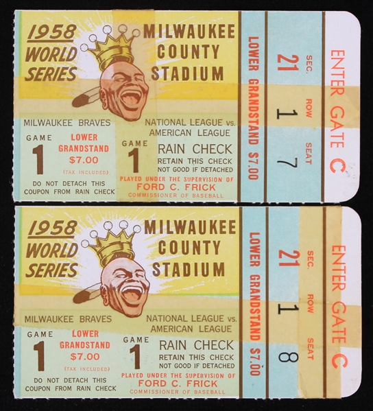 1958 Milwaukee Braves World Series Game 1 at Milwaukee County Stadium Ticket Stubs (Lot of 2)