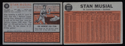1962 Stan Musial St. Louis Cardinal Topps Trading Cards #'s 50 and 317 (Lot of 2)