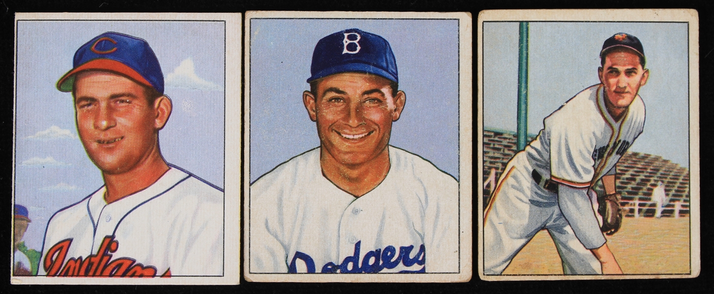 1950 Bob Lemon Cleveland Indians #40 Carl Furillo Brooklyn Dodgers #58 and Larry Jansen New York Giants #66 Bowman Gum Baseball Trading Cards (Lot of 3)