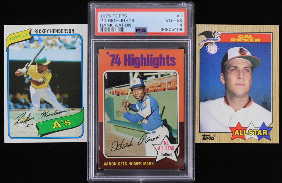 1975-1986 Hank Aaron Atlanta Braves Rickey Henderson Oakland Athletics and Cal Ripken Baltimore Orioles Baseball Trading Cards (Lot of 3)