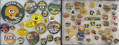 1960's-2000's Green Bay Packers Pinback Buttons, Pins, Patches & Programs Collection - Lot of 120