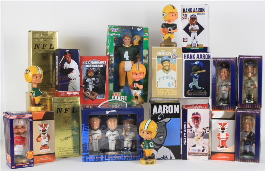 1960s-2010s Milwaukee Brewers Green Bay Packers Wisconsin Badgers MIB Bobblehead Collection - Lot of 22 w/ Hank Aaron, Brett Favre, Bucky Badger & More