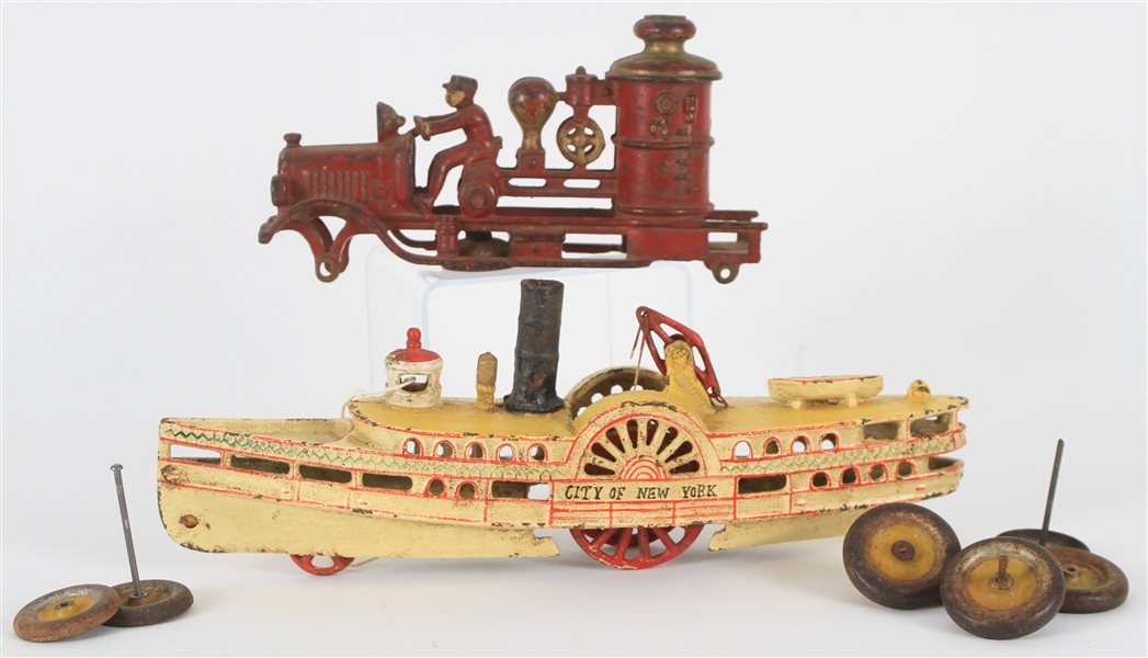 1890s-1900s Cast Iron Toy Collection - Lot of 2 w/ City of New York Riverboat & Hubley Fire Engine