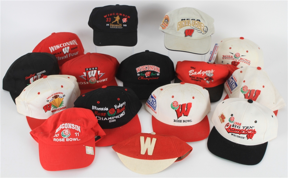 1950s-2000s Wisconsin Badgers Hat Collection - Lot of 15 w/ Vintage Youth Beanie, Rose Bowl & Final Four