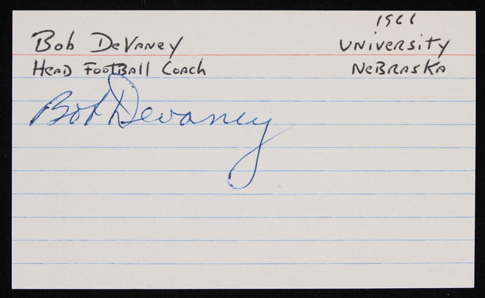 1962-1972 Bob Devaney (d.1997) Nebraska Cornhuskers Head Coach Signed Index Card (JSA)