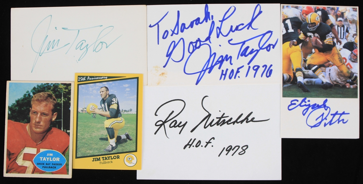 1950s-1970s Jim Taylor, Elijah Pitts, Ray Nitschke Green Bay Packers Signed Index Cards &Jim Taylor Trading Card (Lot of 6)(JSA)