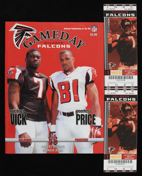 2003 Green Bay Packers vs Atlanta Falcons Ticket Stubs and Gameday Program from 8/9/03 (Lot of 3)