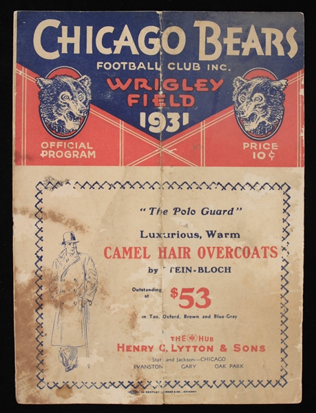 1931 Chicago Bears Green Bay Packers Wrigley Field Game Program