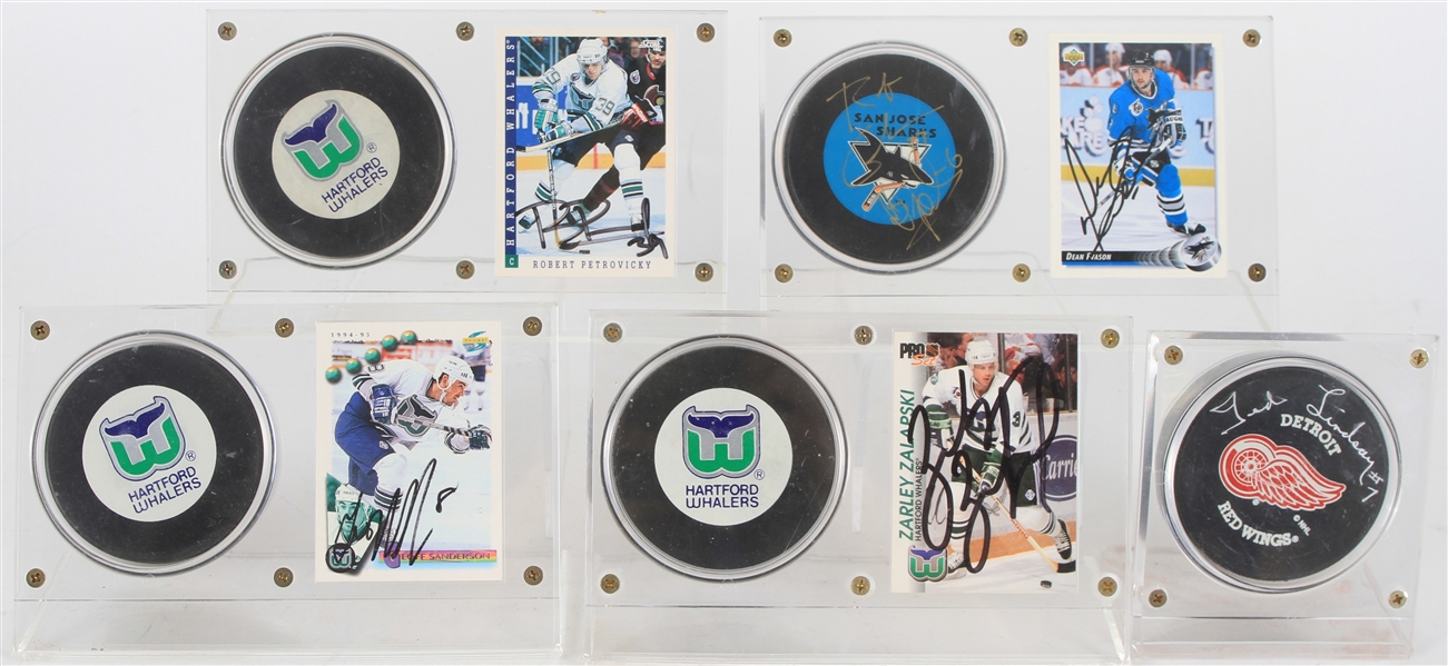 1990s Hockey Signed Trading Card Displays & Puck - Lot of 5 w/ Ted Lindsay, Geoff Sanderson, Zarley Zalapski, Robert Petrovicky and Dean Evason (JSA) 
